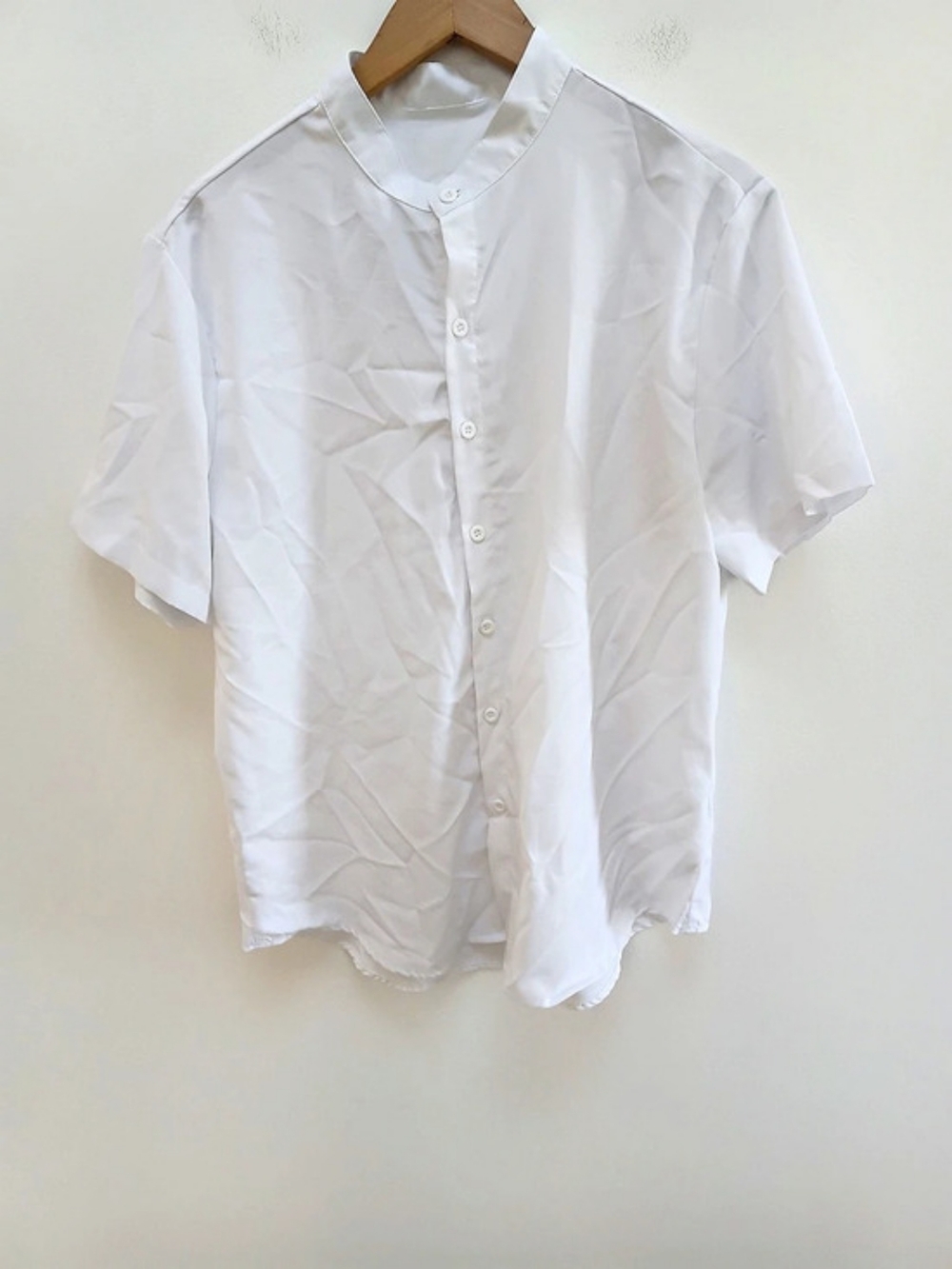 Men's Classic White Linen Short Sleeve Button Down Band Collared Shirt Size L